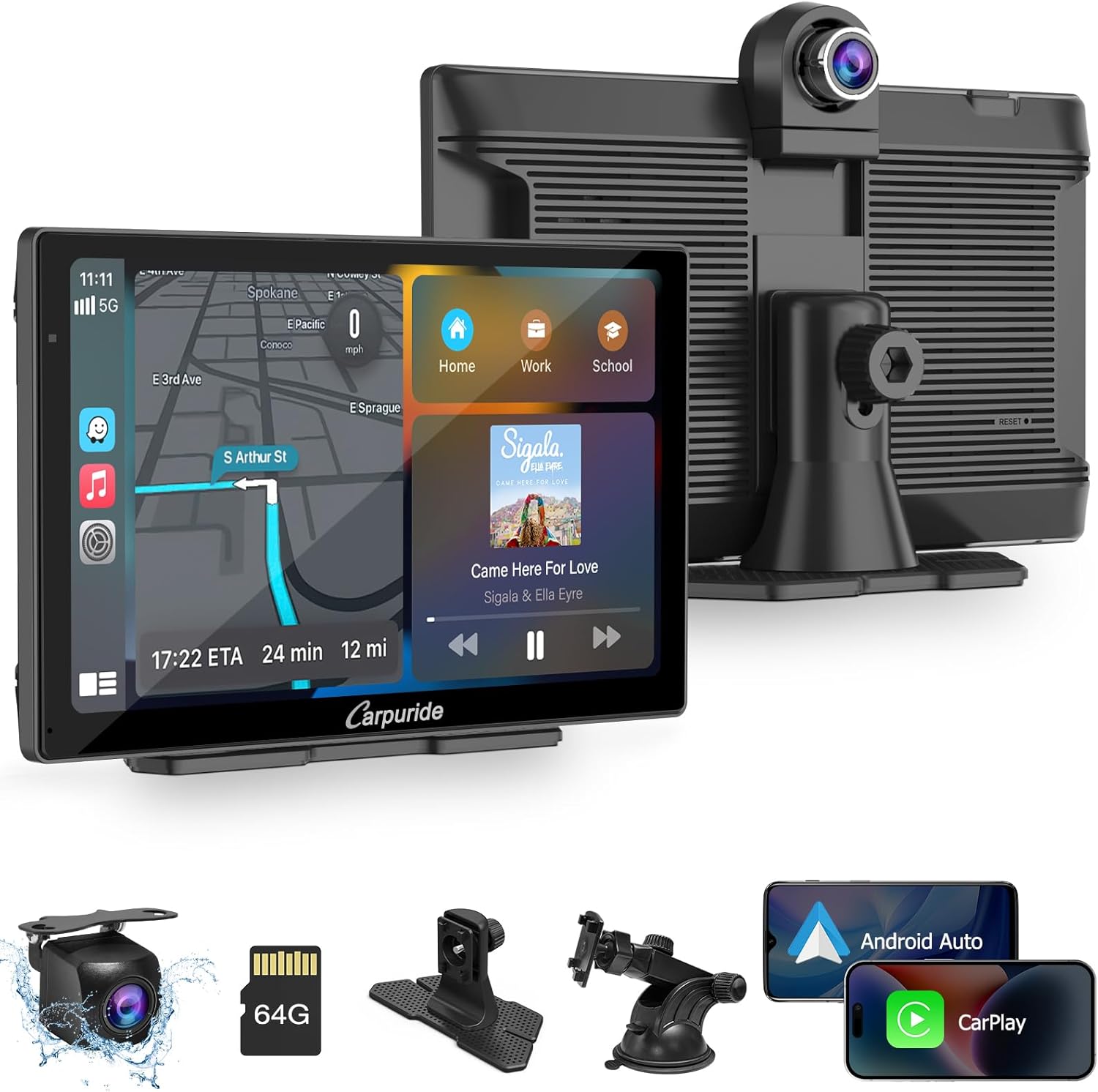 CARPURIDE W905 Portable Carplay & Android Auto, 9'' Touch Carplay Screen for Car, 4K Dash Cam,1080p Backup Camera, Car Play Navigation with Mirror Link/Siri/FM/Bluetooth/Light Sensor, for 12-24V