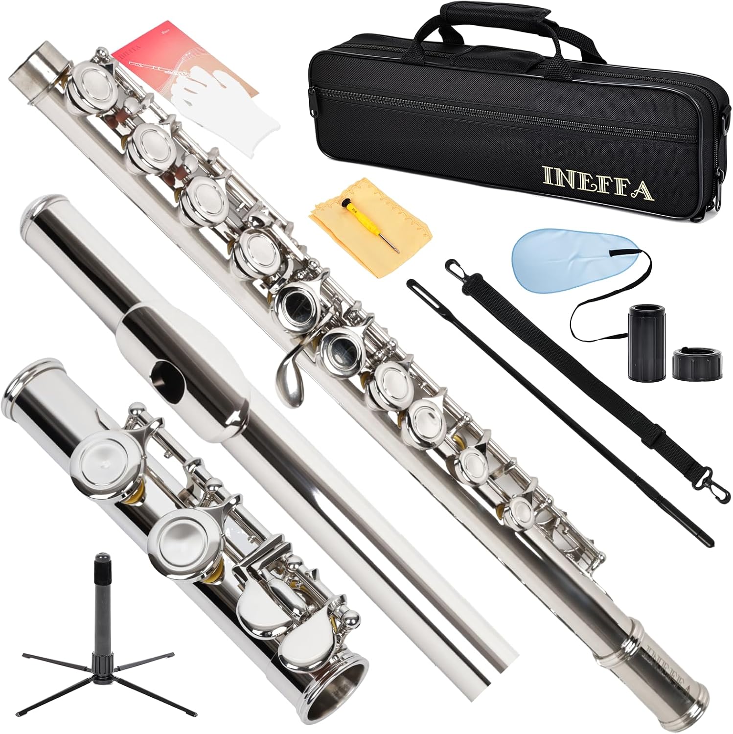 Professional Nickel Plated C Flute for Beginners and All Levels, 16 Key Closed Hole with Ergonomic Design, Includes Carrying Case, Gloves, Cleaning Cloth, Tuning Rod, INEFFA