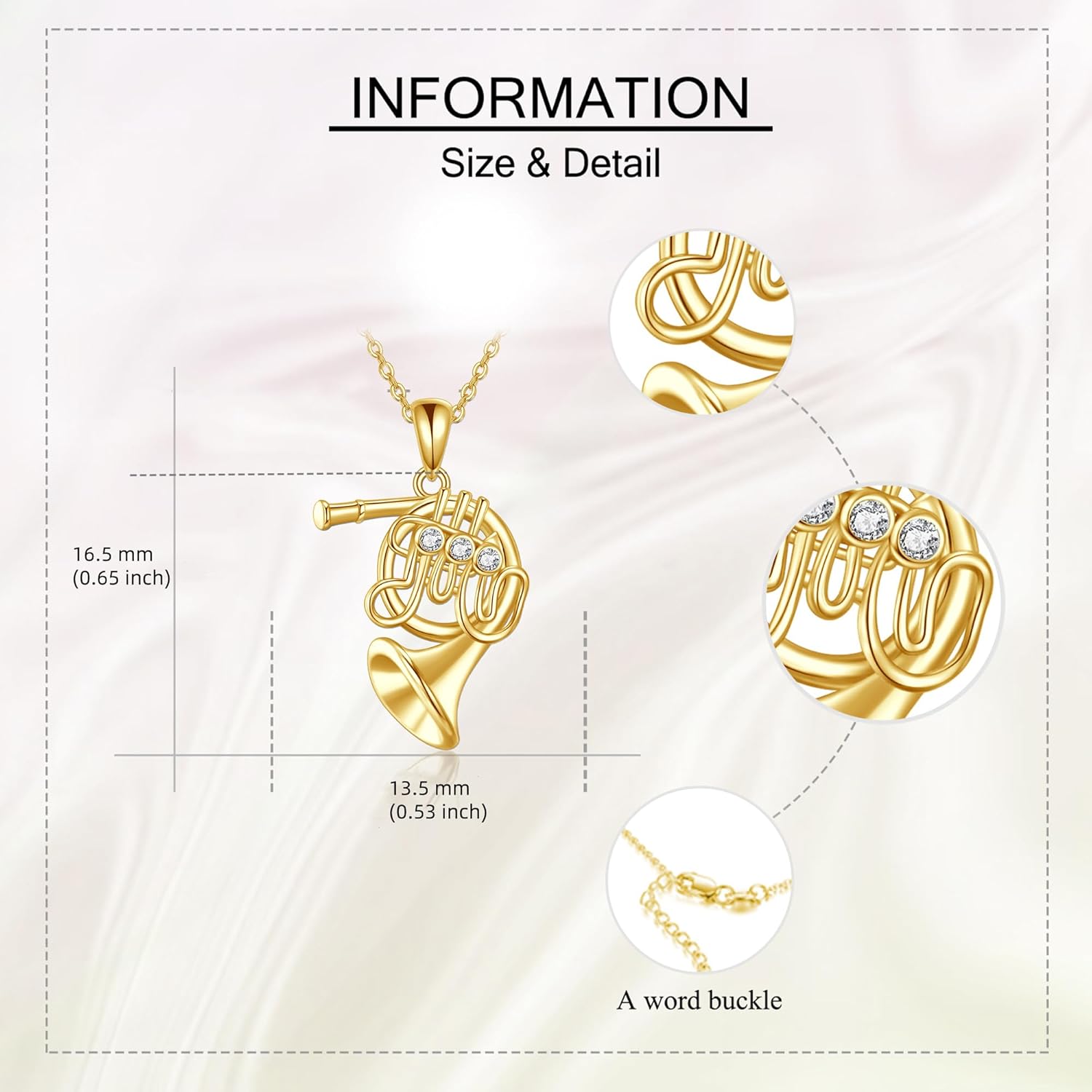 GEHN 14K Solid Gold French Horn Necklace Musical Instrument Pendant 14K Real Gold French Horn Jewelry Gifts for Women