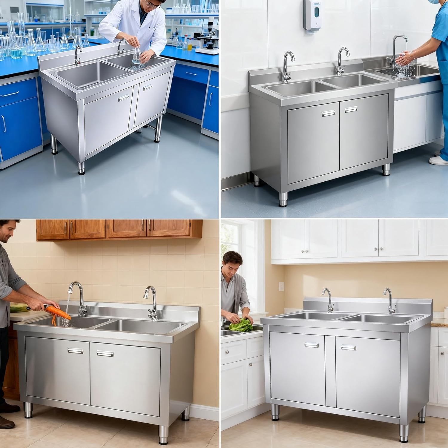 Adjustable-Leg Stainless Steel Sink Freestanding Commercial Double-Bowl Sink Cabinet Multi-Functional Storage Cabinet with Rounded Corners Designed for Construction Site Kitchens