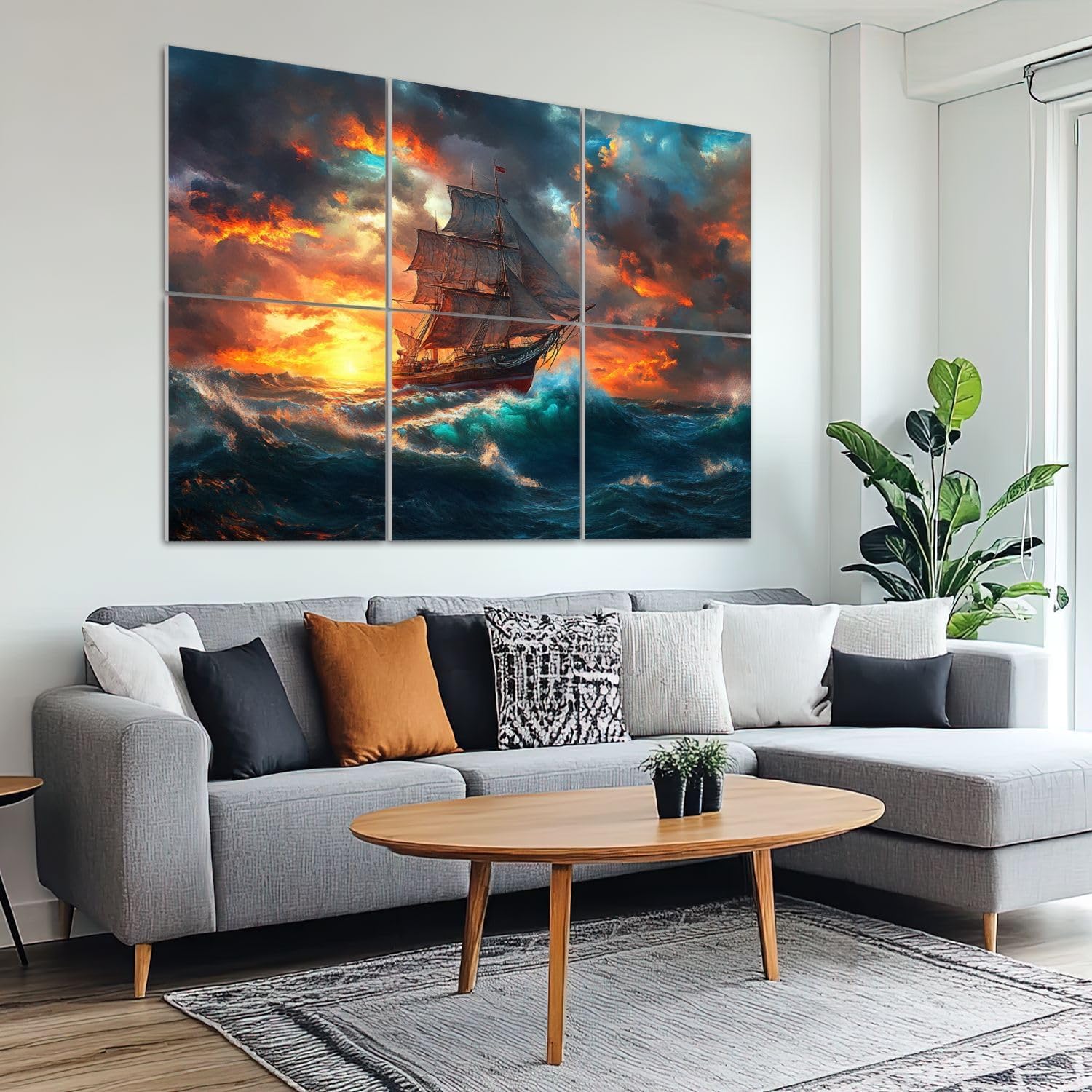 6 Pack Art Acoustic Panels Sound Absorbing Stormbound Sailing Ship Rough Sea Waves Dramatic Sky Sunset Clouds Oil Decorative Soundproof Wall Panels Self Adhesive for Recording Studios Office 72