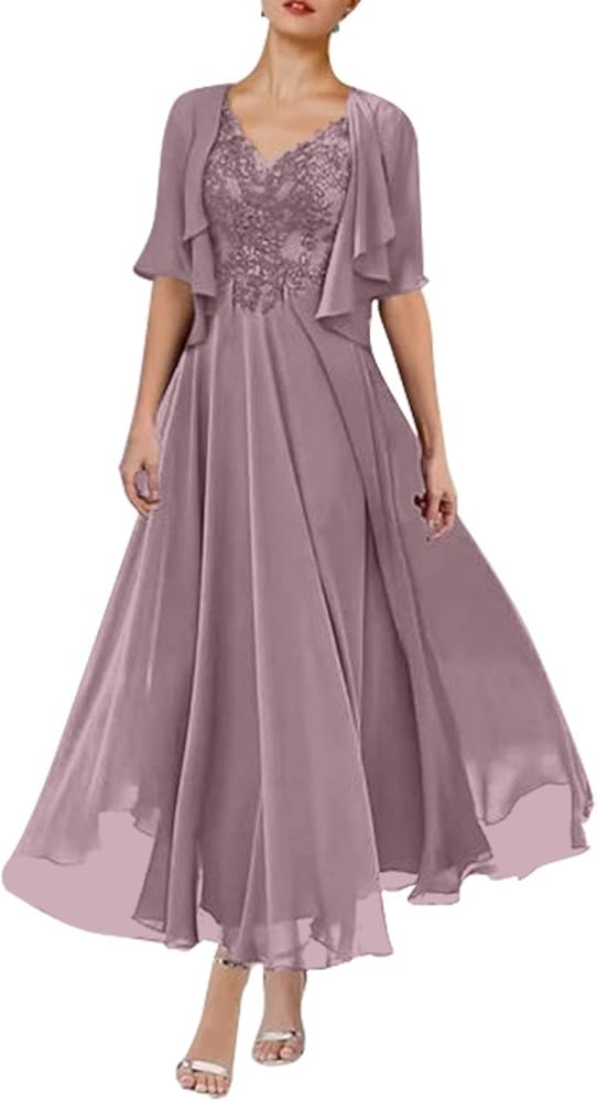 2 Piece Tea Length Mother of The Bride Dresses with Jacket A Line Formal Evening Gown with Pockets