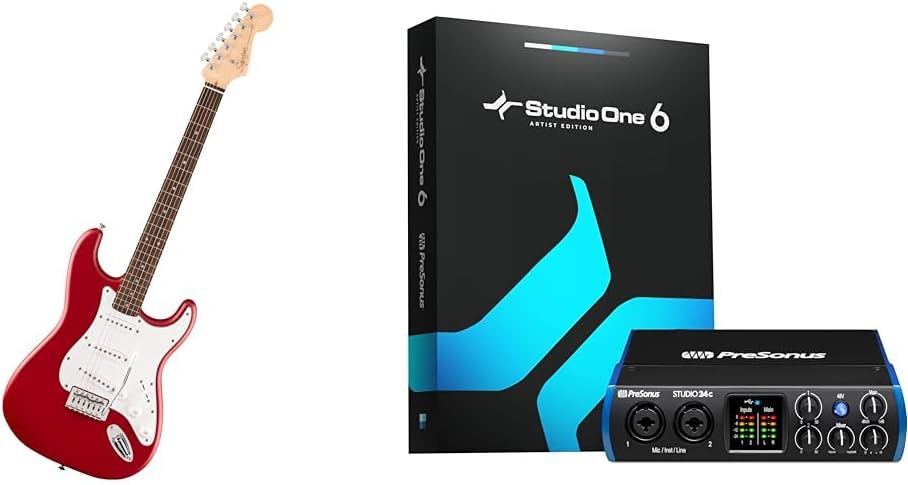 Fender Squier Debut Series Stratocaster Electric Guitar in Dakota Red with PreSonus Studio 24c 192 kHz USB Audio Interface Recording Bundle
