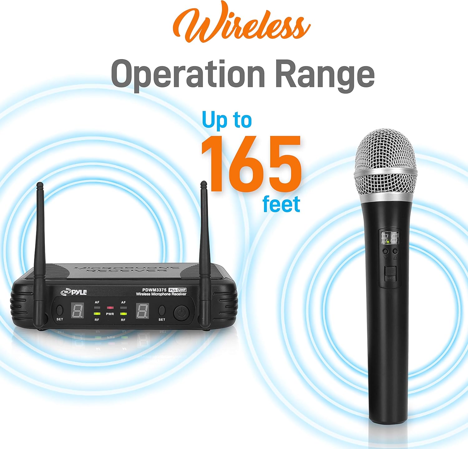 PYLE-PRO Professional Wireless Microphone System - Dual UHF Band, Wireless, Handheld, 2 MICS With 8 Selectable Frequency Channels, Independent Volume Controls, AF & RF Signal Indicators - PDWM3375