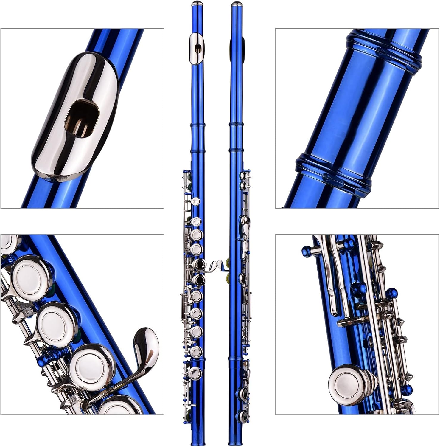 ZUZU Closed Hole C Flute 16 Keys Cupronickel Nickel- Plated Wind Instrument with Carry Case Flute Stand Gloves and Accessaries Beginners Flute (Color : Dark Blue)