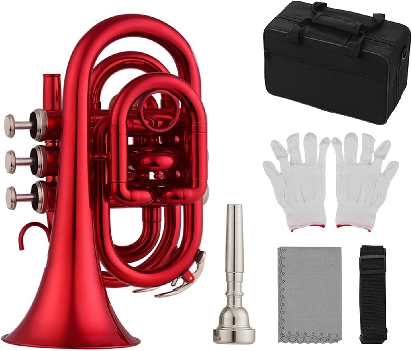 KESHUO Mini Pocket Trumpet Bb Flat Brass Wind Instrument with Mouthpiece Gloves Cleaning Cloth Carrying Case Trumpets (Color : Crimson)