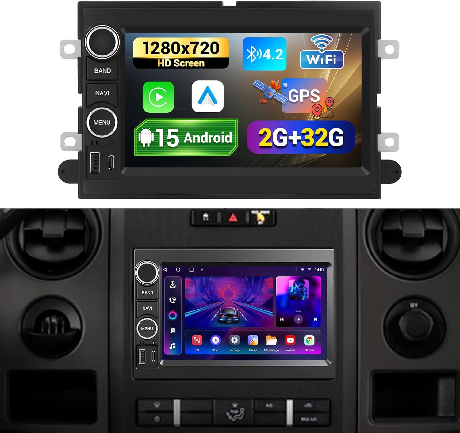 7 inch Touchscreen Car Stereo Fit for Ford E150 E250 2009-2013 Edge F250 2006-2013, Android15.0 Car Radio for Escape Focus Mustang Expedition Fusion with Carplay Android Auto GPS Backup Camera 2+32G