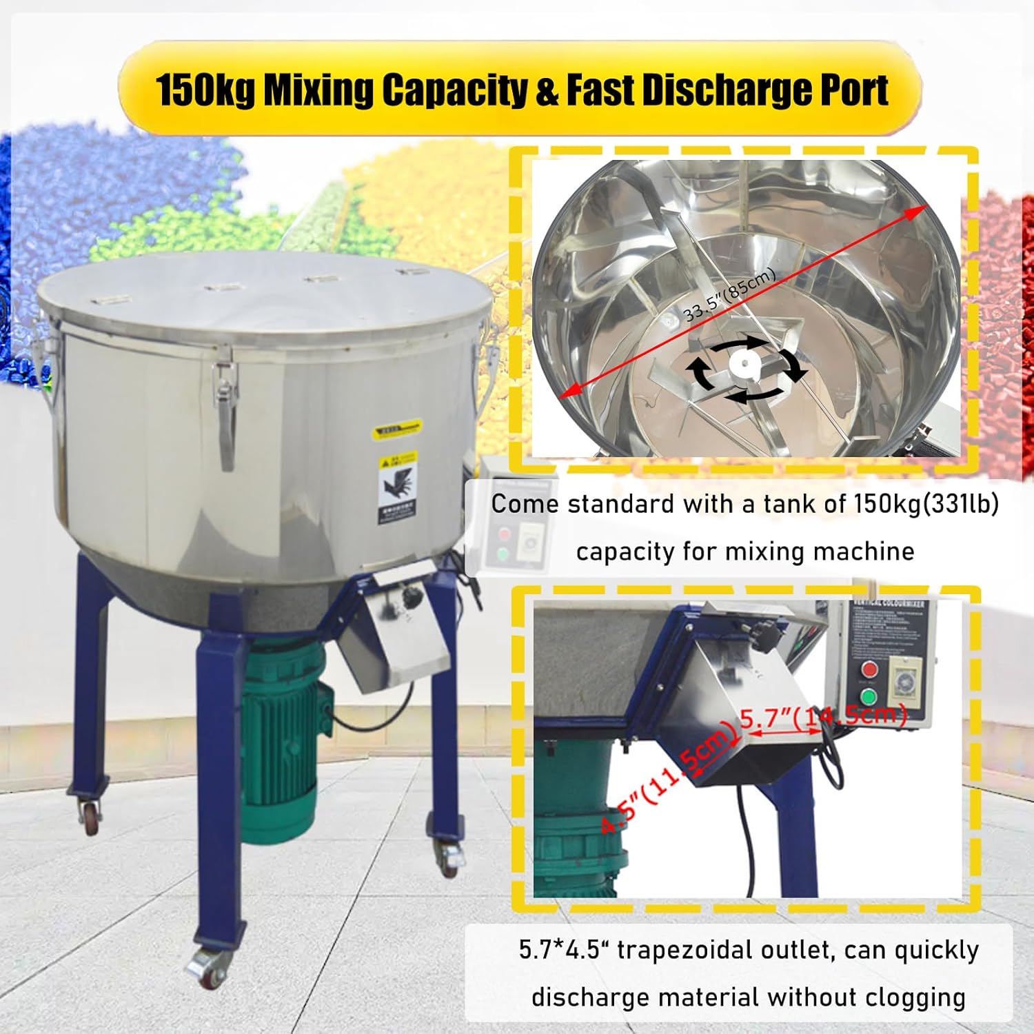 Industrial Blender Mixer Vertical Color Mixer 150kg Tank Material Mixing Machine Vertical Blade Vortex Type Blender 5.3HP Stainless Steel Blending Mixing Machine, AC220V Triphase
