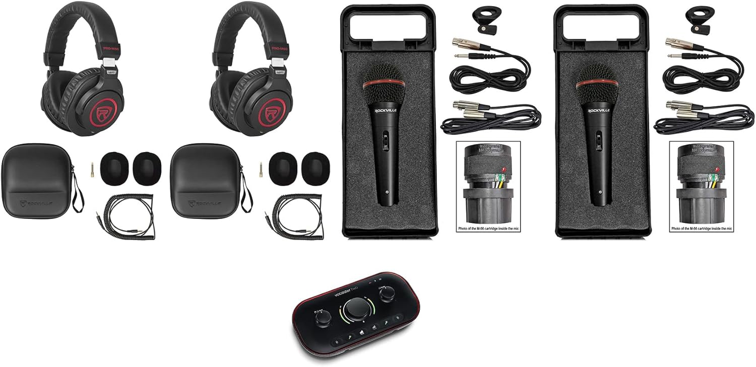 Audiosavings Bundle: Focusrite Vocaster Two USB-C Podcasting Interface Bundle with (2) Rockville PRO-M50 Headphones & (2) RMIC-SR Wired Microphones+Cables+Cases (5 Items)