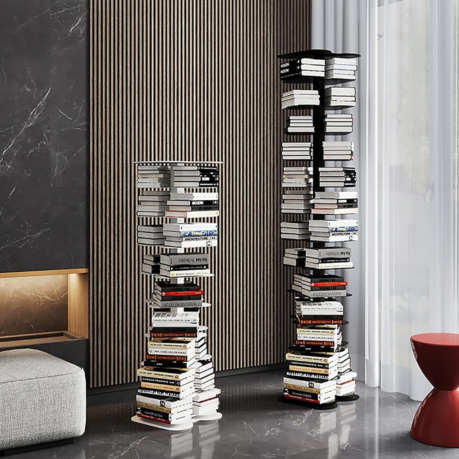 Metal Vertical Bookshelf Tower, Freestanding Invisible Spine Bookcase for Small Spaces, Modern Storage Corner Shelf for Living Room, Office, Bedroom Decor(White,93cm/36.6in)
