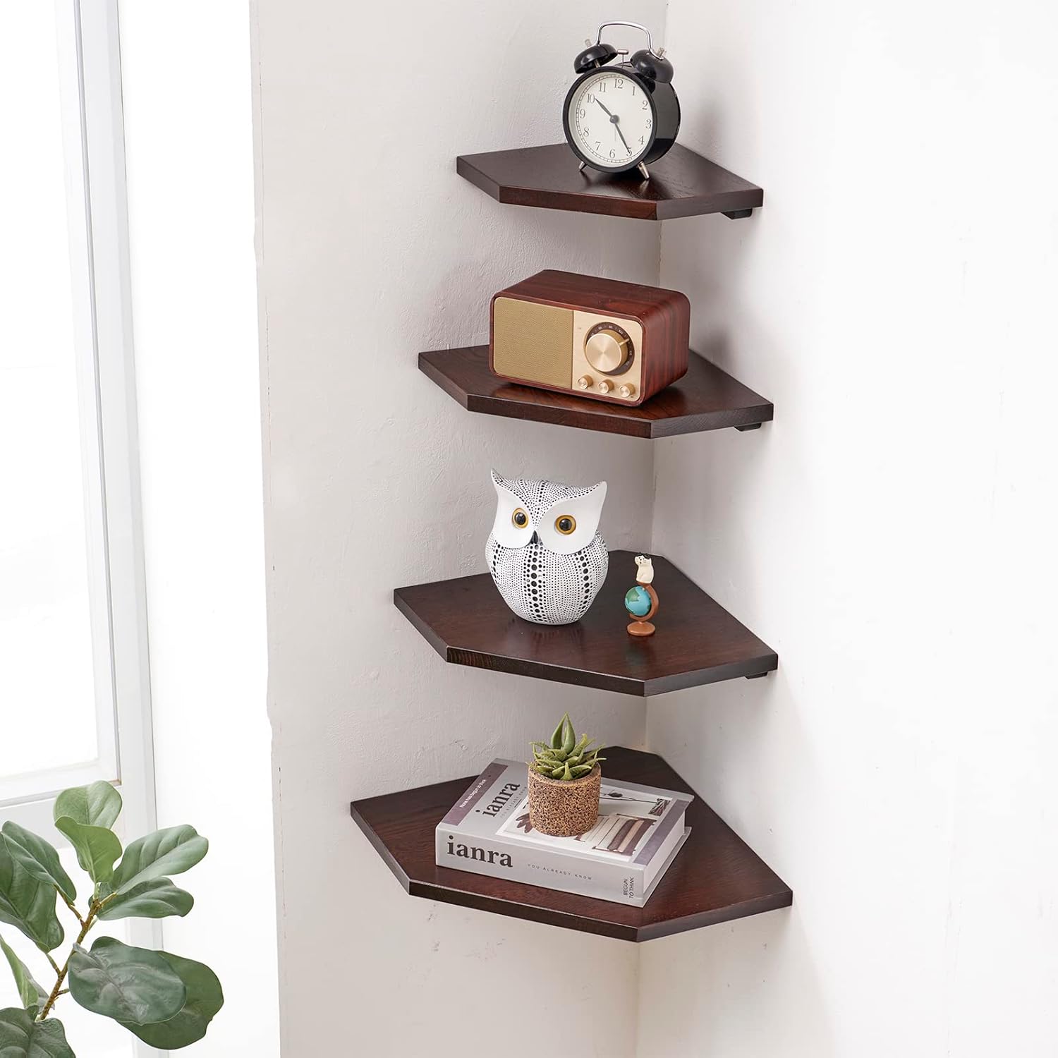 4PCS Corner Shelves Wall Mount Set Round End Floating Speaker Shelf Display Shelf for Small Plant Photo Frame