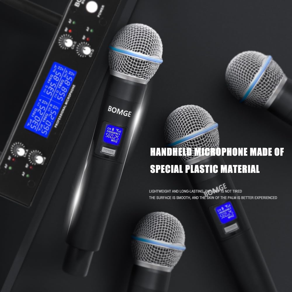 BOMGE Pro Wireless Microphone System, 4-Channel UHF Wireless Mic, Cordless Mic with 4 Handheld Dynamic Microphones, 260ft Range, Microphone for Singing,Church,Karaoke,Party (410U-4 Handheld)