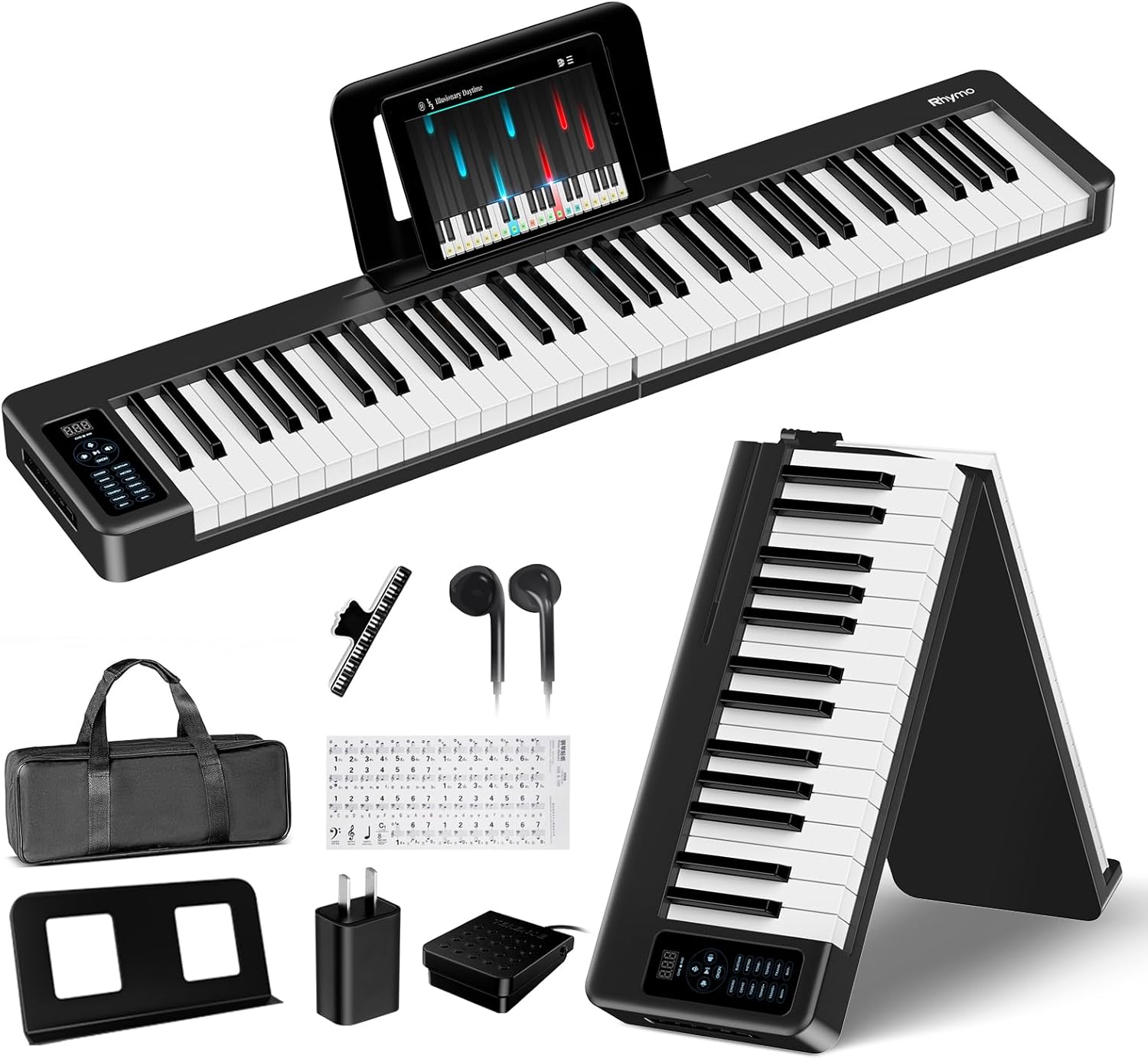 Rhymo Folding Piano Keyboard, 61 Keys Sensitive Electric Piano, Weighted Portable Electric Keyboards with Bluetooth MIDI, Digital Foldable Keyboard for Beginner