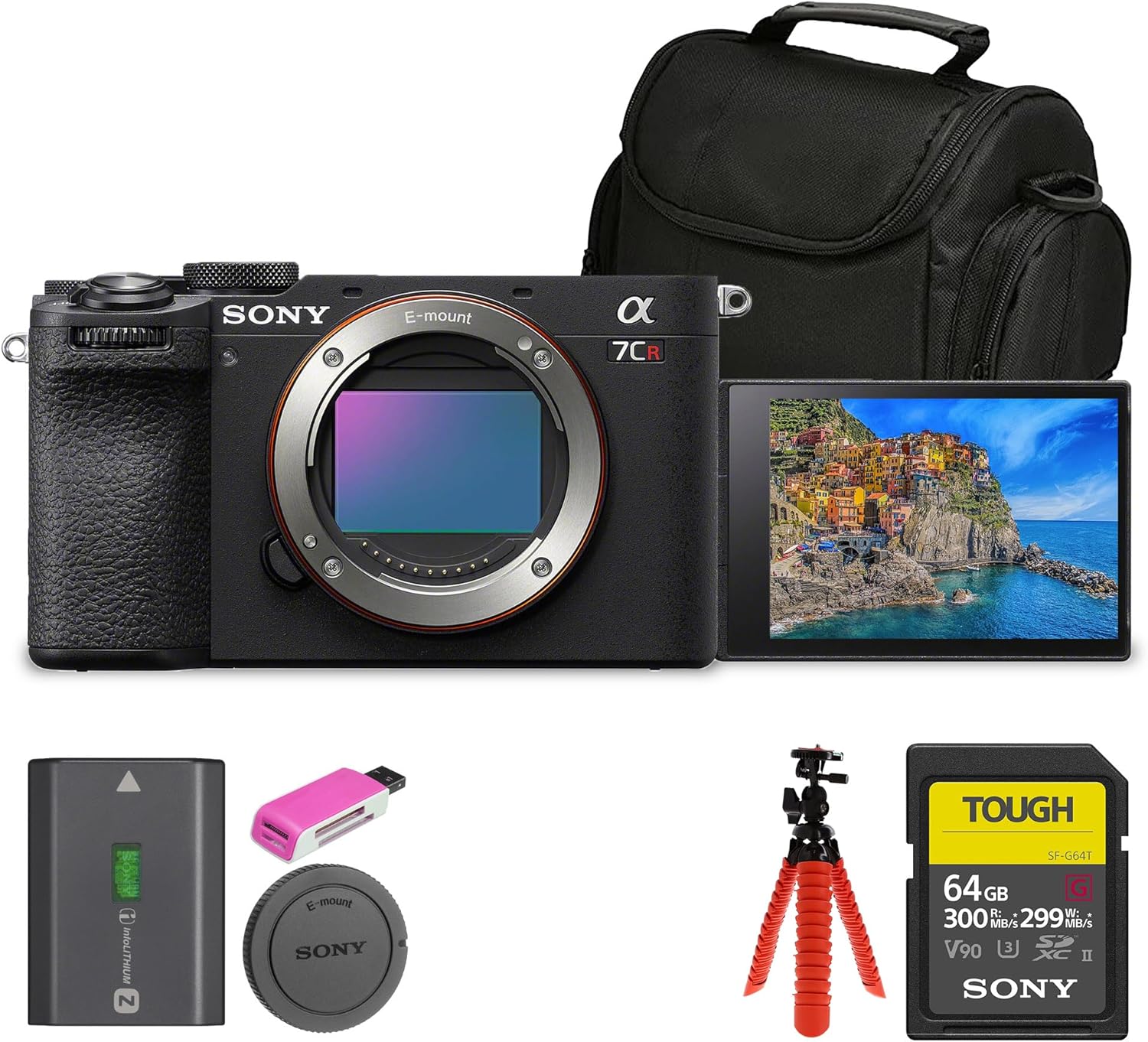 Sony Alpha 7CR Mirrorless Full-Frame Interchangeable Lens Hybrid Camera (ILCE-7CR/B) + 64GB SF-G Tough Card + Bag + Card Reader + Flex Tripod + Cleaning Kit (Renewed)