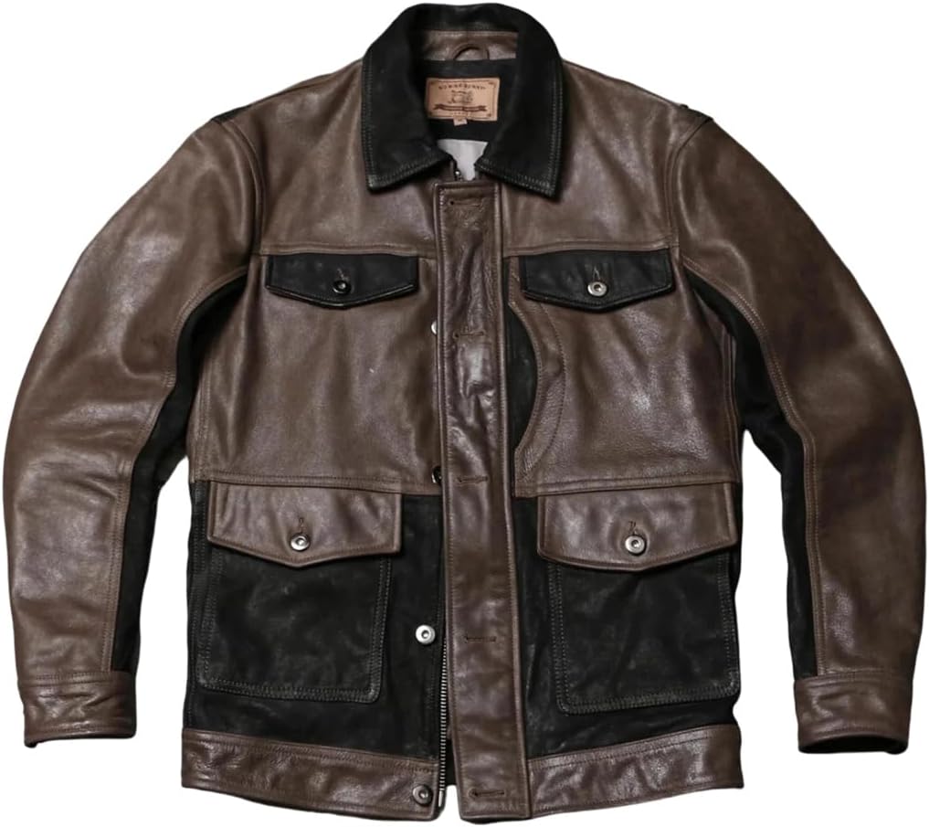 Men Retro Vintage Style Plus Size Genuine Natural Cowhide Spliced Turn-Down Collar Jacket Coat
