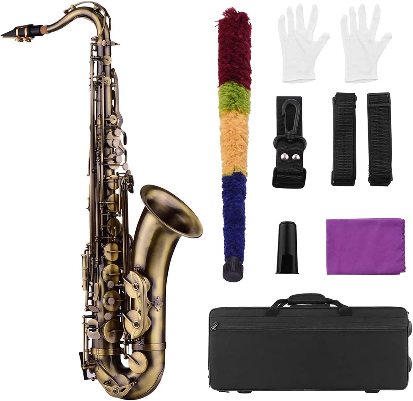 Bb Tenor Saxophone Sax Brass Body White Shell Keys Woodwind Instrument with Carry Case Cleaning Cloth Student Saxophone