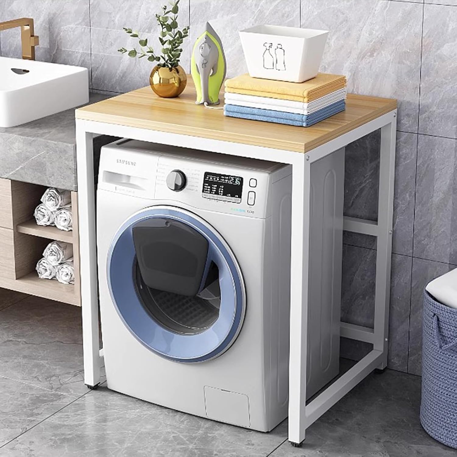 Adjustable Non-Slip Feet Drum Washing Machine Storage Rack - Space-Saving Shelf Unit for Small Kitchen Bathroom, Organiser Shelf Freestanding Over Washing Machine