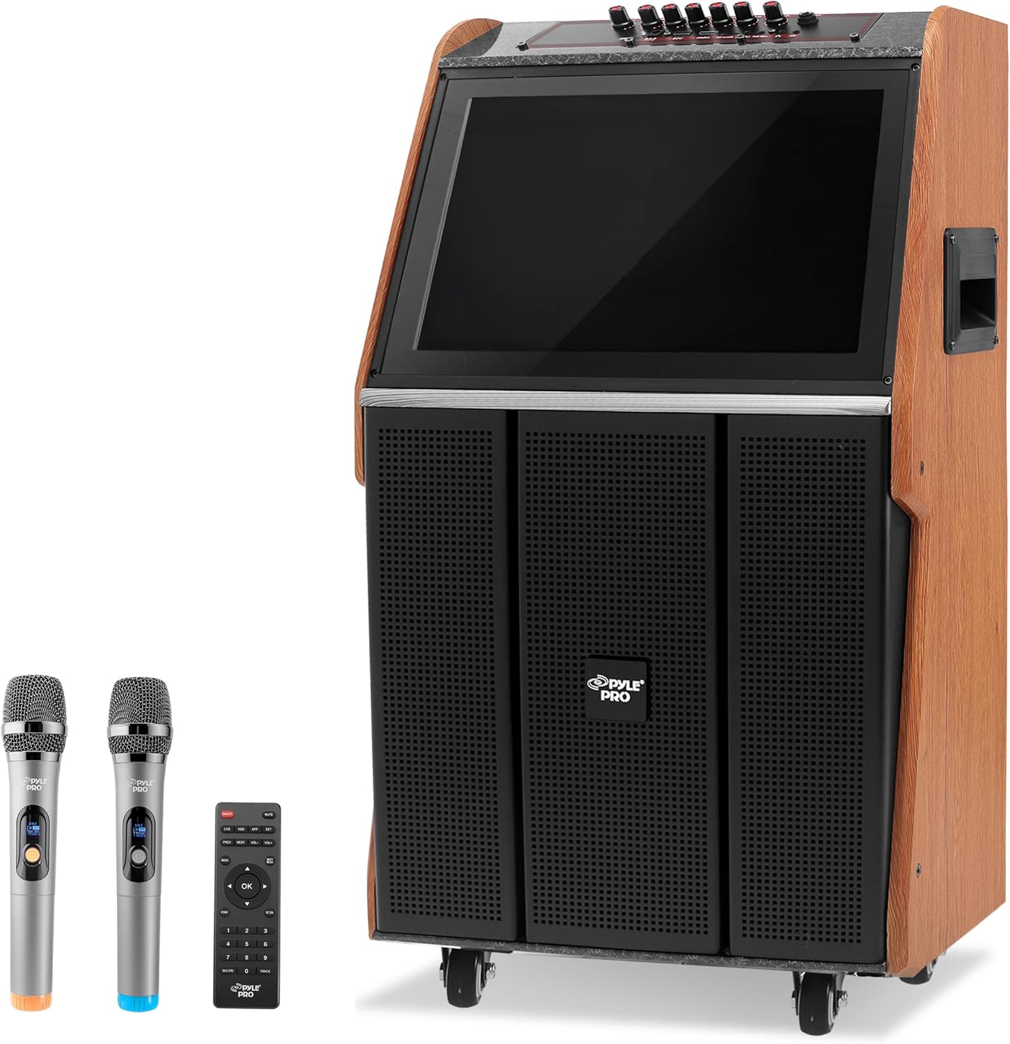 Pyle Portable Karaoke Machine with Wireless Bluetooth Speaker, Touchscreen, Microphone, Wheels & Handle, Supports USB/SD/PC/TV/MP3, Ideal for Parties, Outdoor Events, Home Karaoke & More