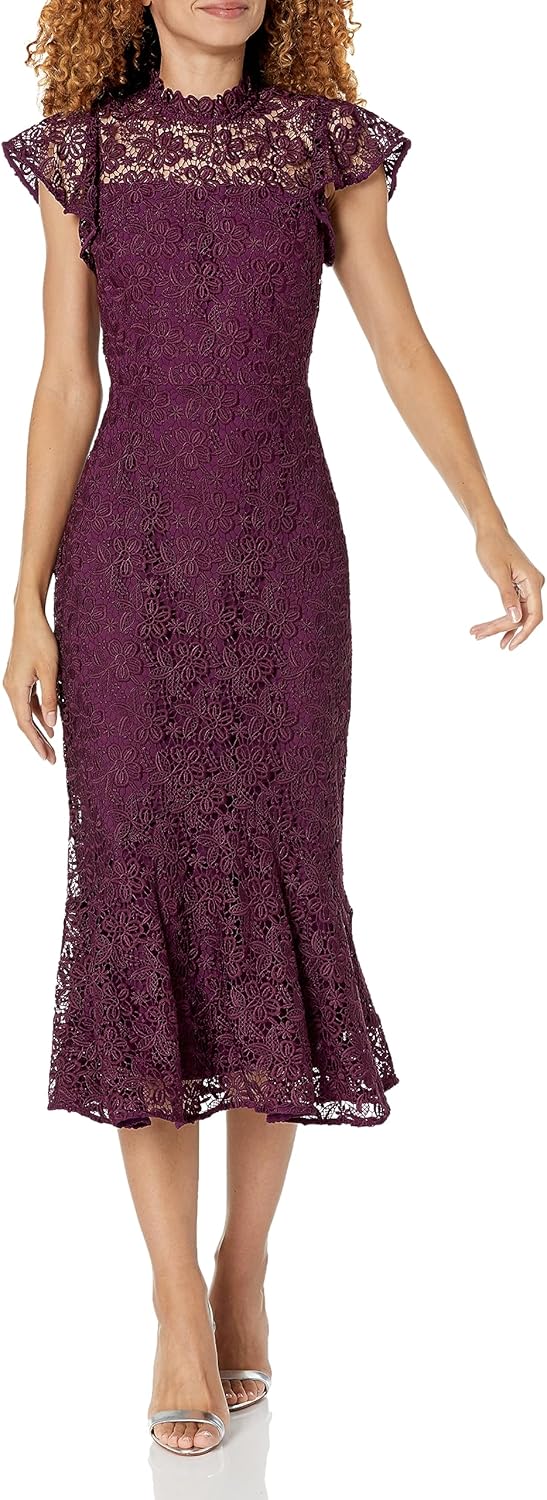 Shoshanna Womens Shoshanna Lea Flutter Sleeve Plum Lace Midi Dress