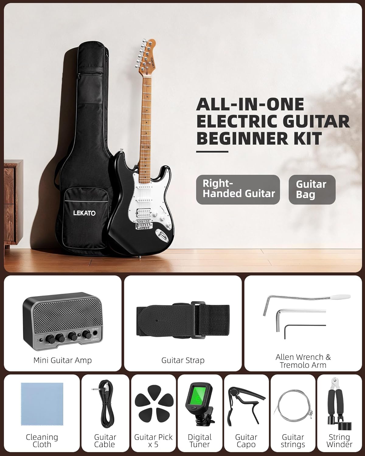 LEKATO Electric Guitar Kit Beginner 39 Inch Full Size Solid Body Guitar HSS for Starter with 5w Mini Amp, Bag, Tuner, Capo, Shoulder Strap, Picks, String, String Winder&Cutter - Black