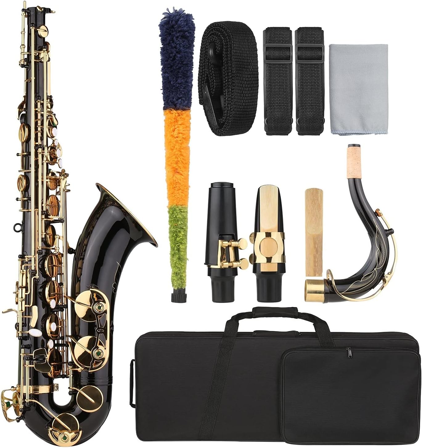 B- Flat Tenor Saxophone Bb Black Lacquer Sax with Instrument Case Mouthpiece Reed Neck Strap Cleaning Cloth Brush Student Saxophone