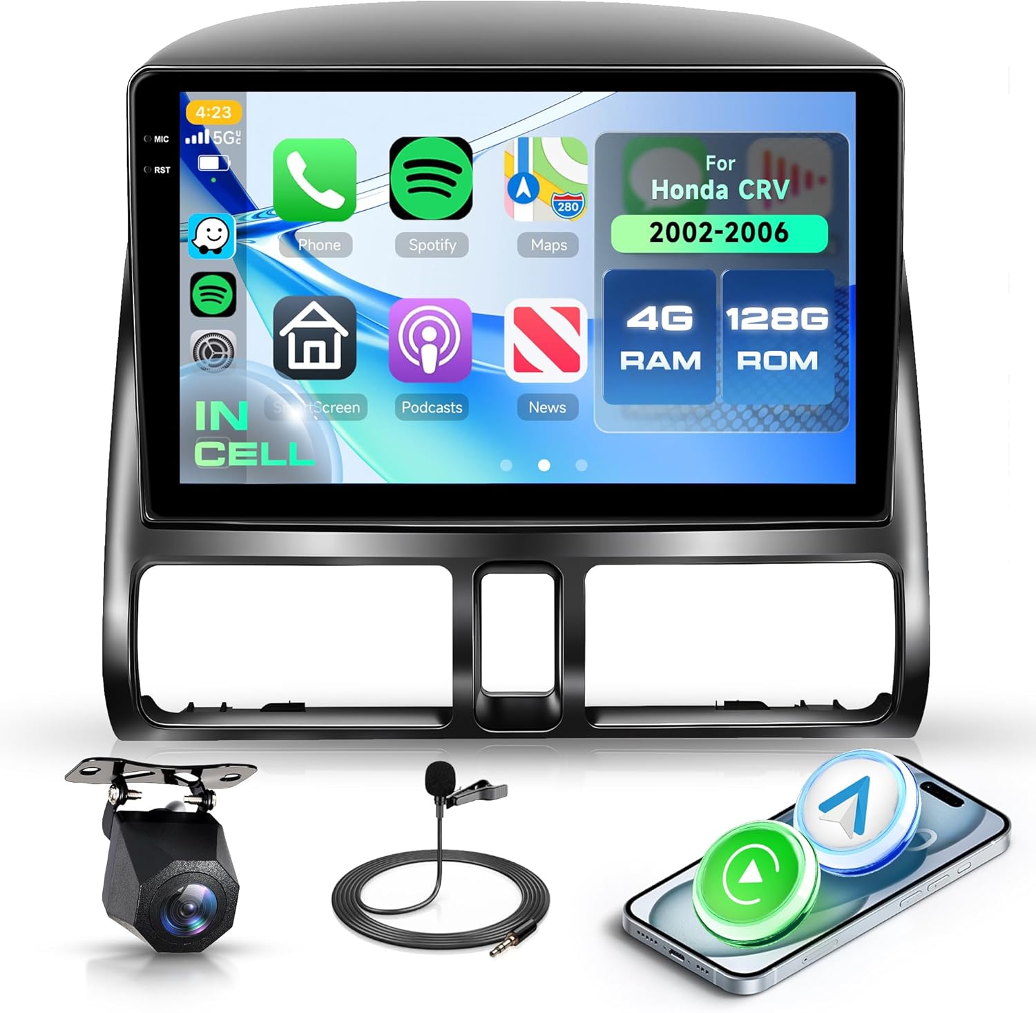 4G+128G Android 15 Car Stereo for Honda CRV 2002-2006 with Wireless Carplay Android Auto Radio, Rimoody 9’’ in-Cell Screen Head Unit with GPS Navigation Bluetooth 5G-WiFi FM/RDS EQ Backup Camera SWC