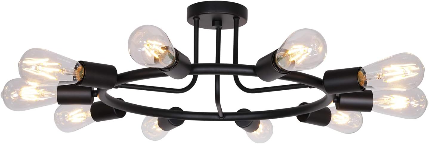 BONLICHT Vintage Metal Large Sputnik Chandeliers 10-Light Flush Mount Light Fixtures Ceiling Black Indoor Industrial Chandelier Lighting Mid Century Modern Starburst-Style Lighting Fixture UL Listed