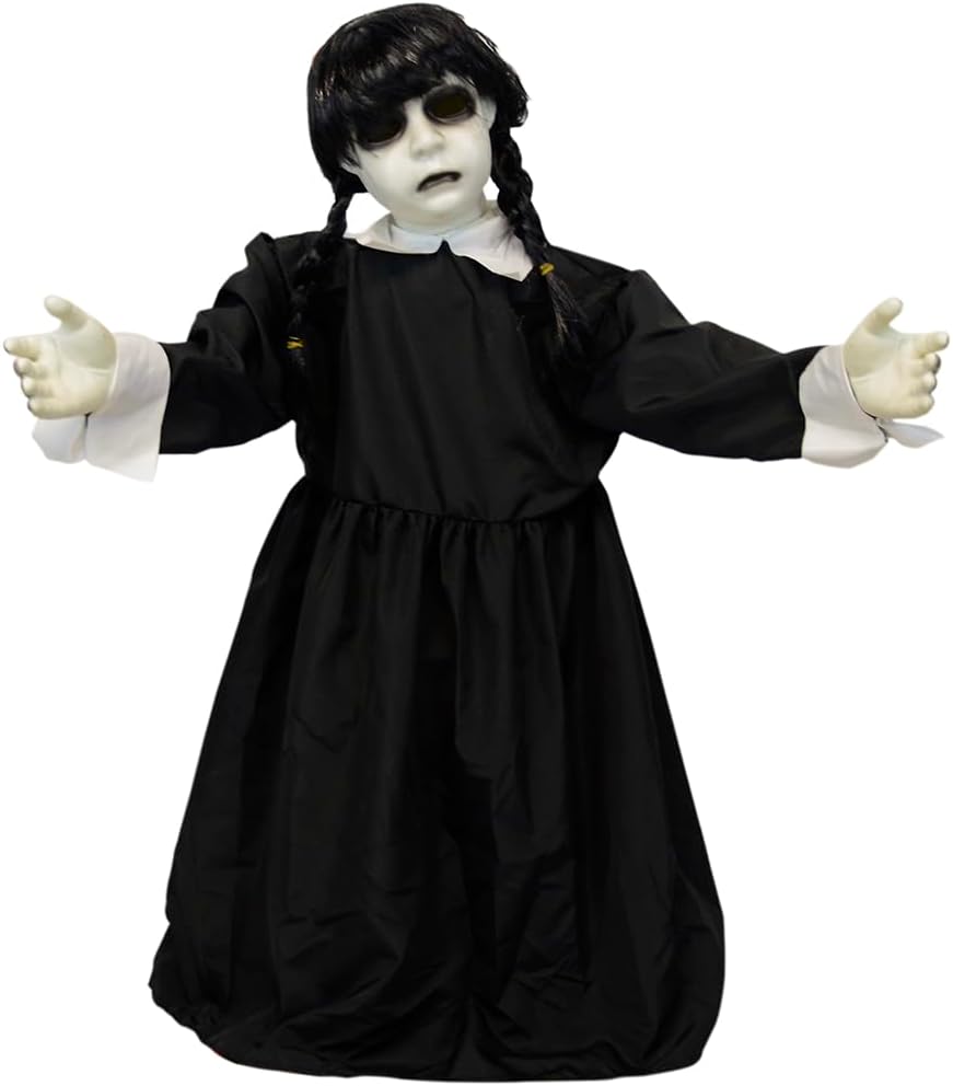 Treasure Gurus Scary Swaying Pigtails Girl Ghost Animatronics LED Light Up Eyes Spooky Sounds Haunted House Prop Halloween Party Decorations