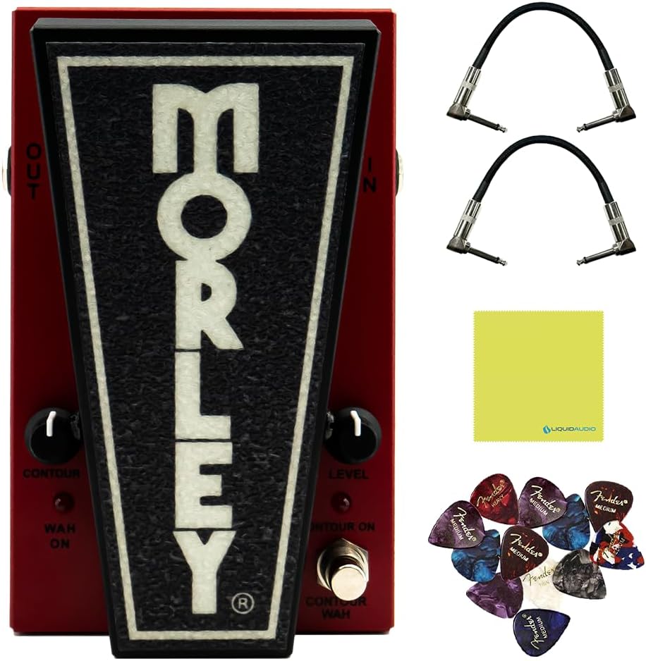 Morley 20/20 Bad Horsie Wah Pedal Bundle with 2x Strukture S6P48 Woven Right Angle Patch Cables, 12x Guitar Picks and Liquid Audio Polishing Cloth