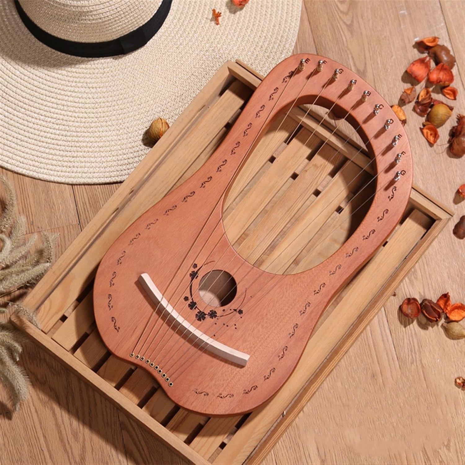 Lyre Harp Set Solid Wood Veneer 10-string Harp Portable Original Wood Color Stage Performance