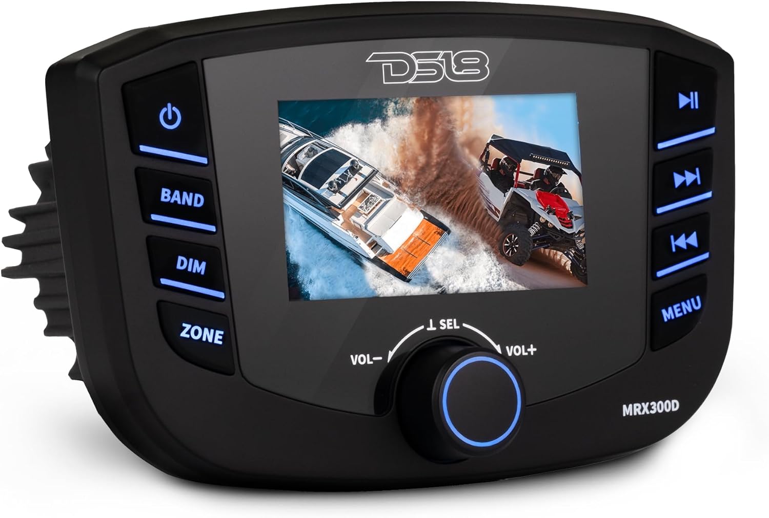 DS18 MRX300D Marine and Powersports Headunit TFT Screen Gorilla Glass, Water Resistant IPX6, 3 Zones, 4 Volts Output, RDS 4X50 Watts with DAB+ for Europe, Bluetooth Radio Receiver Weatherproof