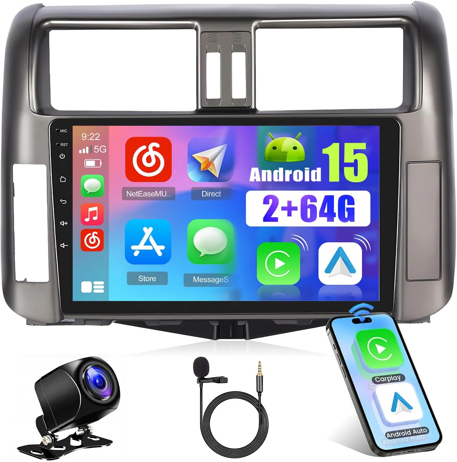 2+64G Radio for Toyota Prado 2010-2013 Android 15 Car Stereo with Wireless Carplay Android Auto, 9 Inch Touch Screen Radio Support DSP GPS WiFi Bluetooth SWC+Backup Camera
