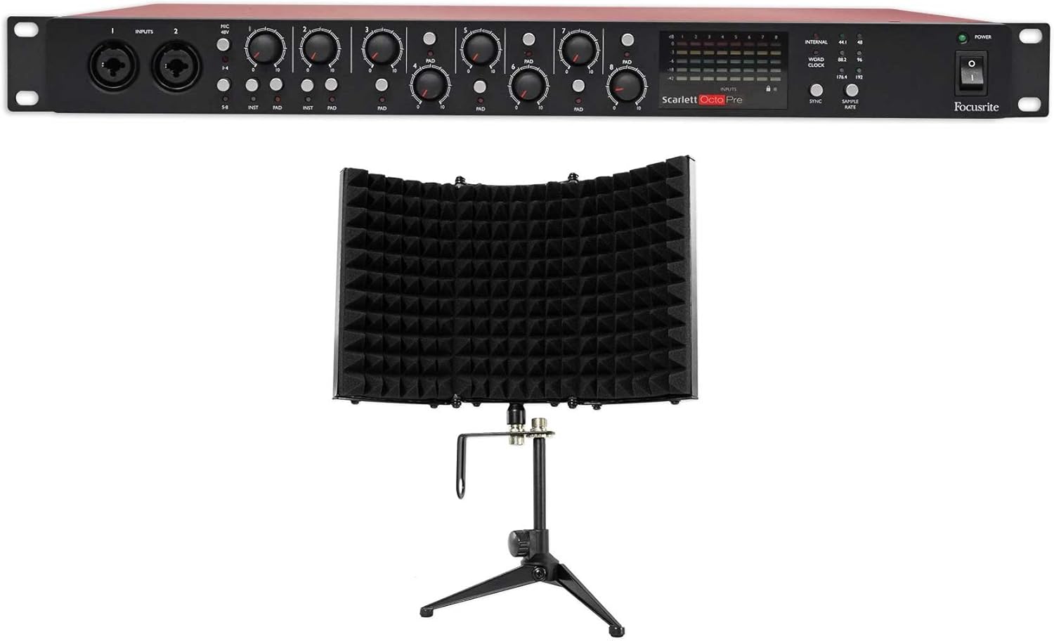 Audiosavings Bundle: Focusrite Scarlett OctoPre 8-Channel Mic Preamp w/ ADAT 192kHz 109dB Bundle with Rockville RockShield 1 Studio Mic Isolation Shield w/ Sound Dampening Foam (2 Items)