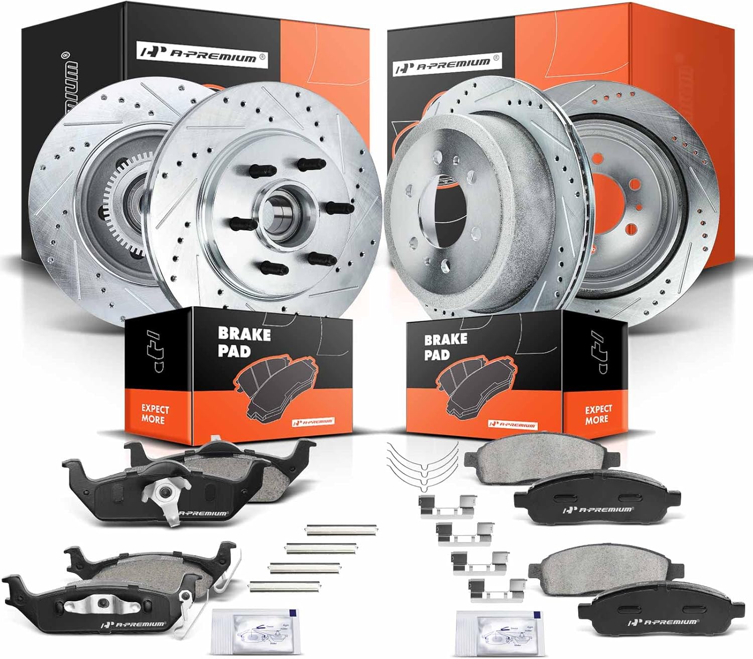 A-Premium Front and Rear Drilled and Slotted Disc Brake Rotors + Ceramic Pads Kit Compatible with Select Lincoln and Ford Models - For F-150 2004-2008, Mark LT 2006-2008, 12-PC Set