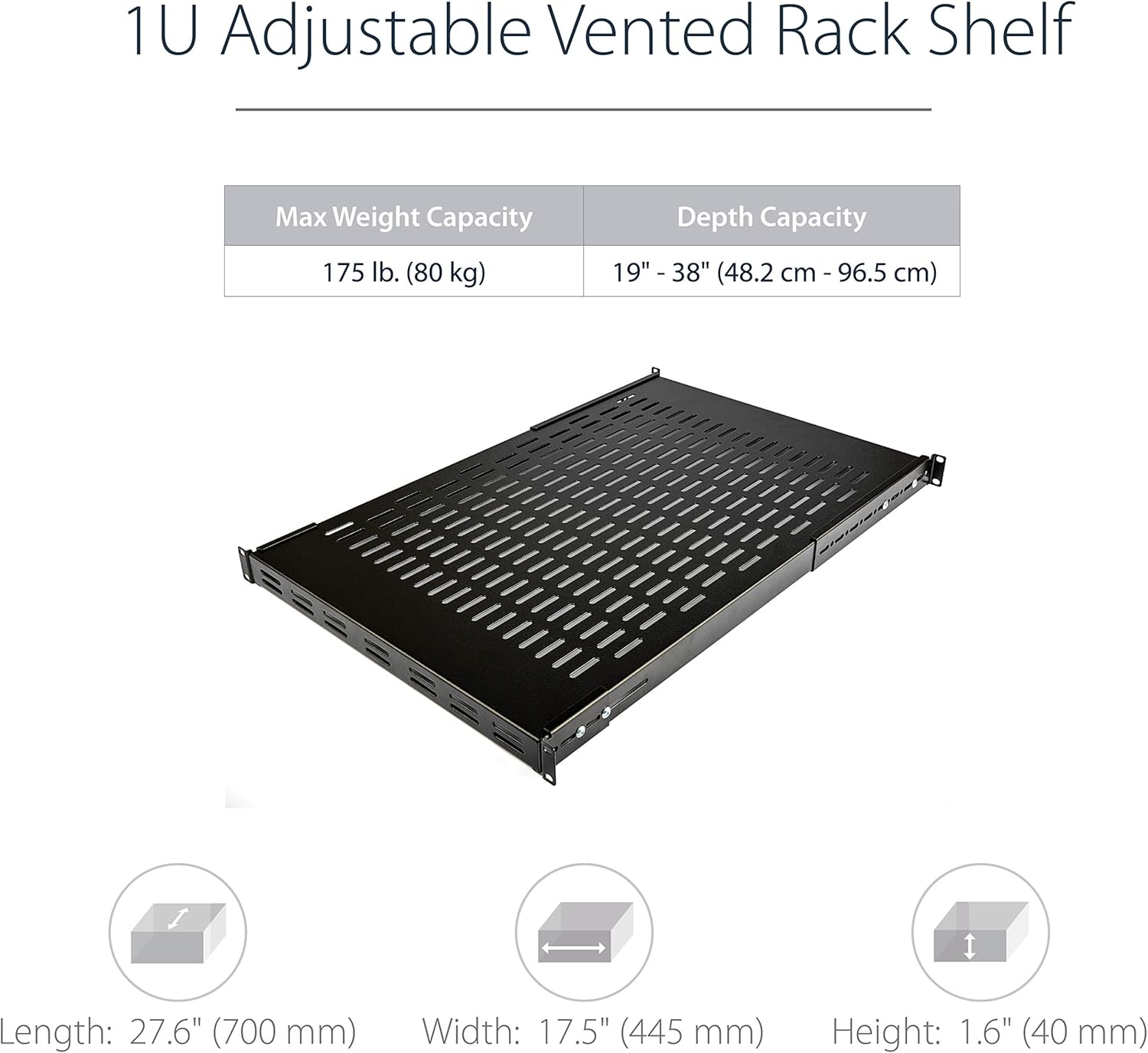StarTech.com 1U Adjustable Vented Server Rack Mount Shelf - 175lbs - 19.5 to 38in Adjustable Mounting Depth Universal Tray for 19