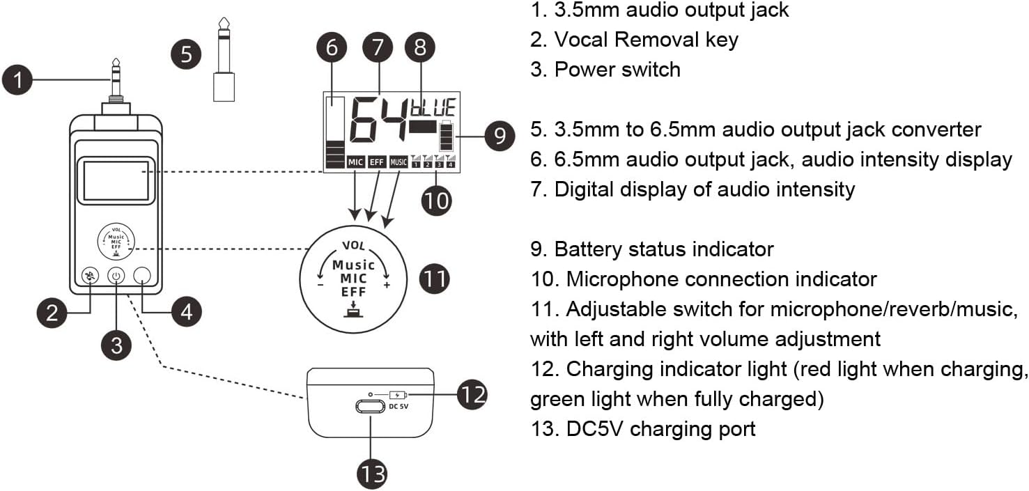 Alomejor Dual Microphone UHF Dynamic DSP Handheld Cordless Microphone with Rechargeable Receiver for KTV Singing