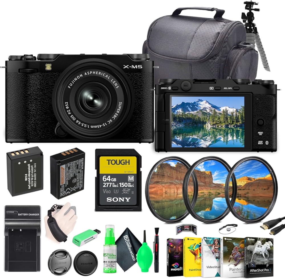 Fujifilm X-M5 Mirrorless Digital Camera with Fuji XC 15-45mm f/3.5-5.6 OIS PZ Lens Kit - Black Bundle with 64GB UHS-II SDXC Memory Card + Flexible Vlogger Tripod + Bag + Filter and More