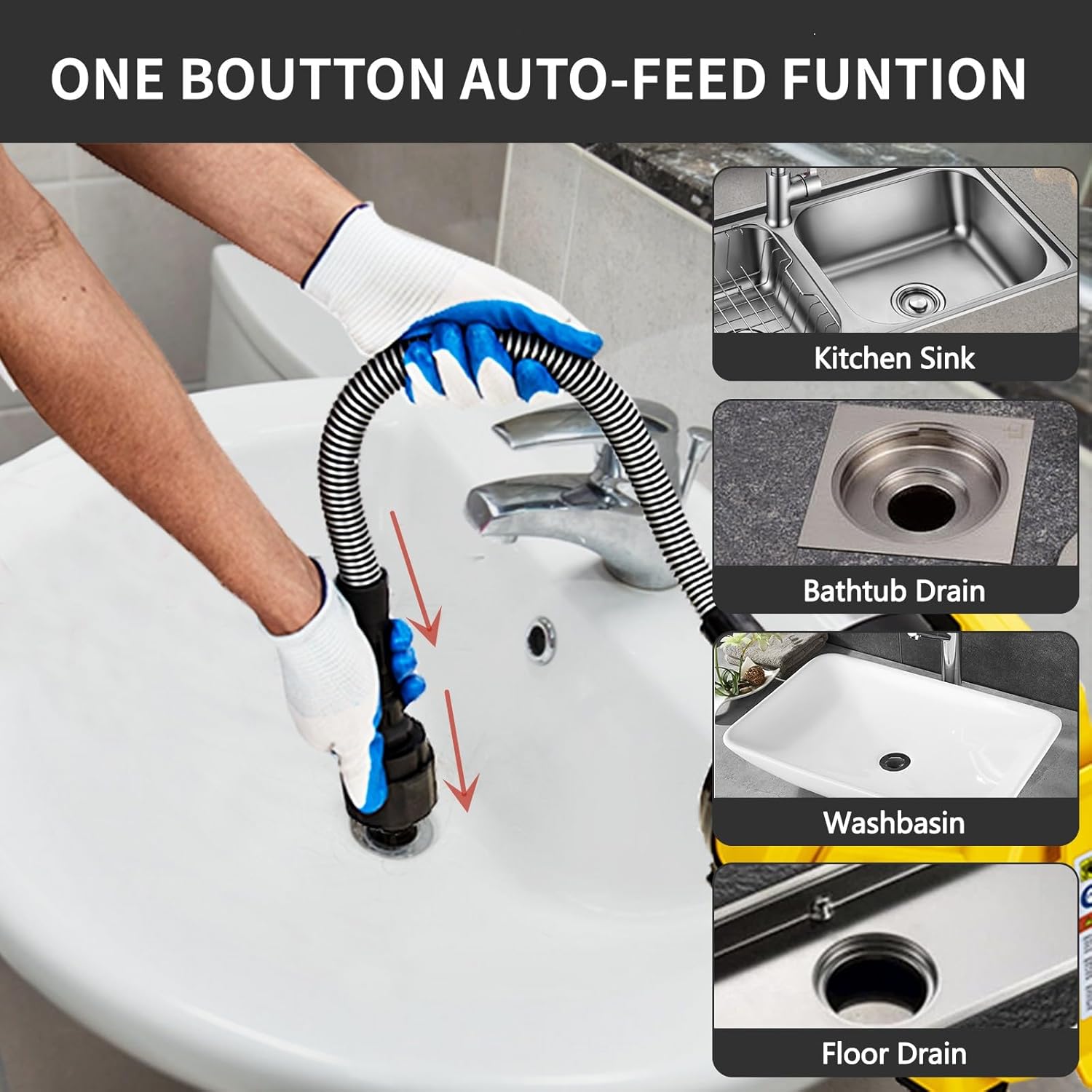 PIONEERWORKS Drain Cleaner Machine 30Ft x 3/10In, Auto-feed Electric Drain Auger for 3/4In - 2In Pipes, Cable in Piano Wire, with Foot Switch, Sewer Snake for Sinks, Toilets, and Floor Drains - DA05