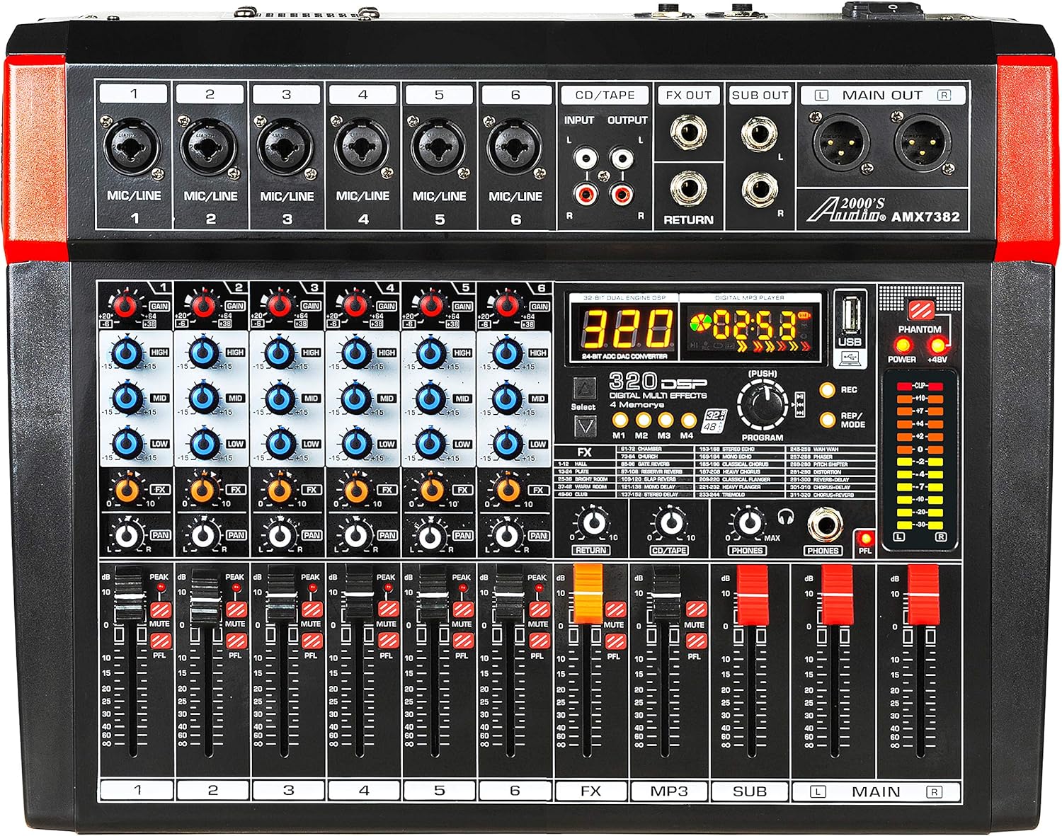 Audio2000'S AMX7382 Six-Channel Powered Audio Mixer with 320 DSP Sound Effects, Stereo Sub Out with Sub-Out Level-Control Fader, Level-Control Faders on All Channels, and USB/Computer Interface