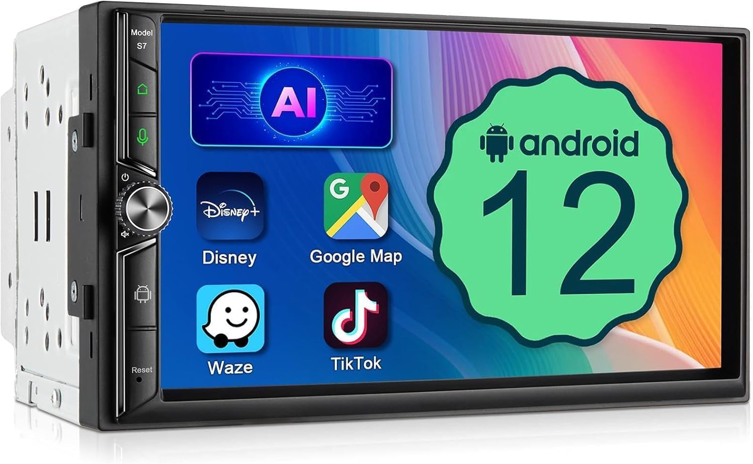 Double Din Car Stereo with Wireless Apple CarPlay Android Auto,7 in QLED Touchscreen Android Car Radio Audio Receiver with Bluetooth,WiFi,FM,GPS Navigation,Subwoofer,USB/SWC/AUX