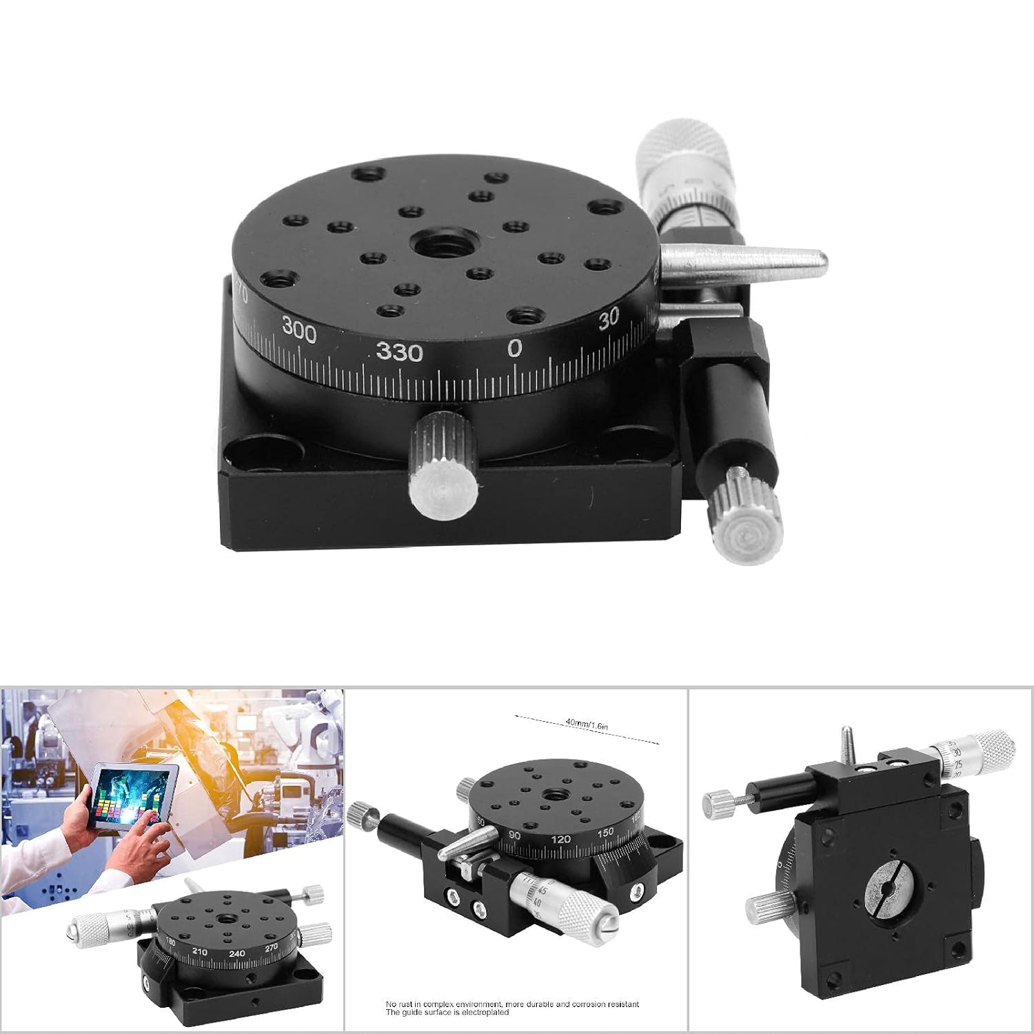 RSP40 L R Axis Manual Micrometer Trimming Station with 360° Coarse 5° Fine Rotation, High for Machinery Production, Testing Equipment, Optical Measurement More