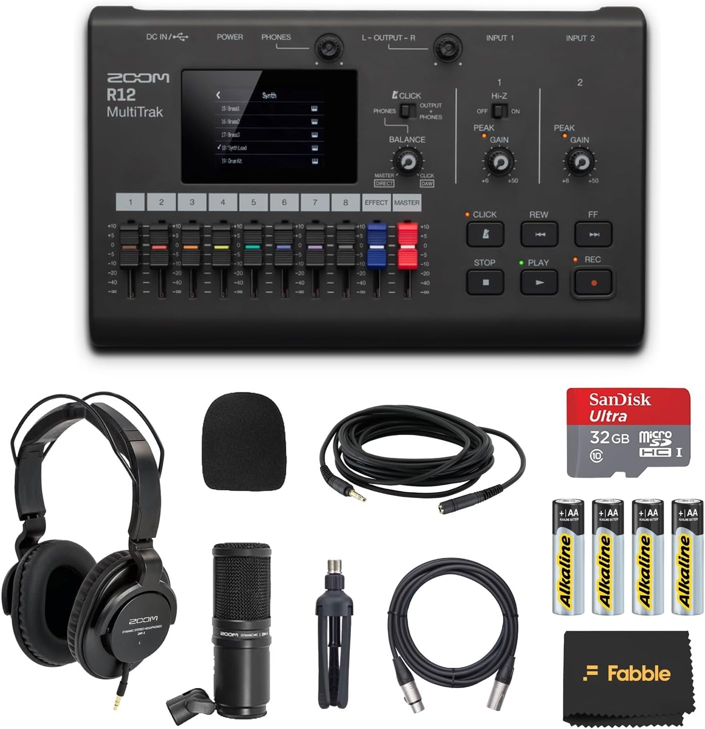 Zoom R12 MultiTrak Portable Recorder Bundle with ZDM-1 Podcast Mic Pack, Headphones, Mic Stand, XLR Cable, Foam Windscreen, Batteries and 32GB microSD Card