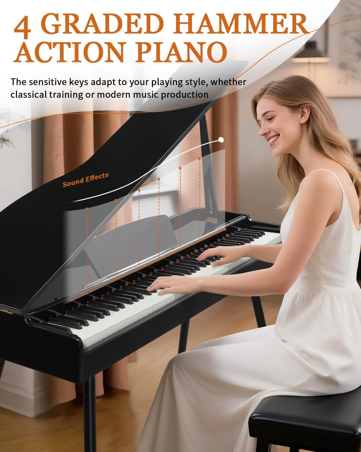 Ktaxon 88 Key Weighted Action Grand Piano, Foldable Digital Piano Keyboard with Removable Music Stand, Stereo Headphones, Dust Cover, Music Clip, Cloth, Sticker, Full Equipment for Beginner (Black)