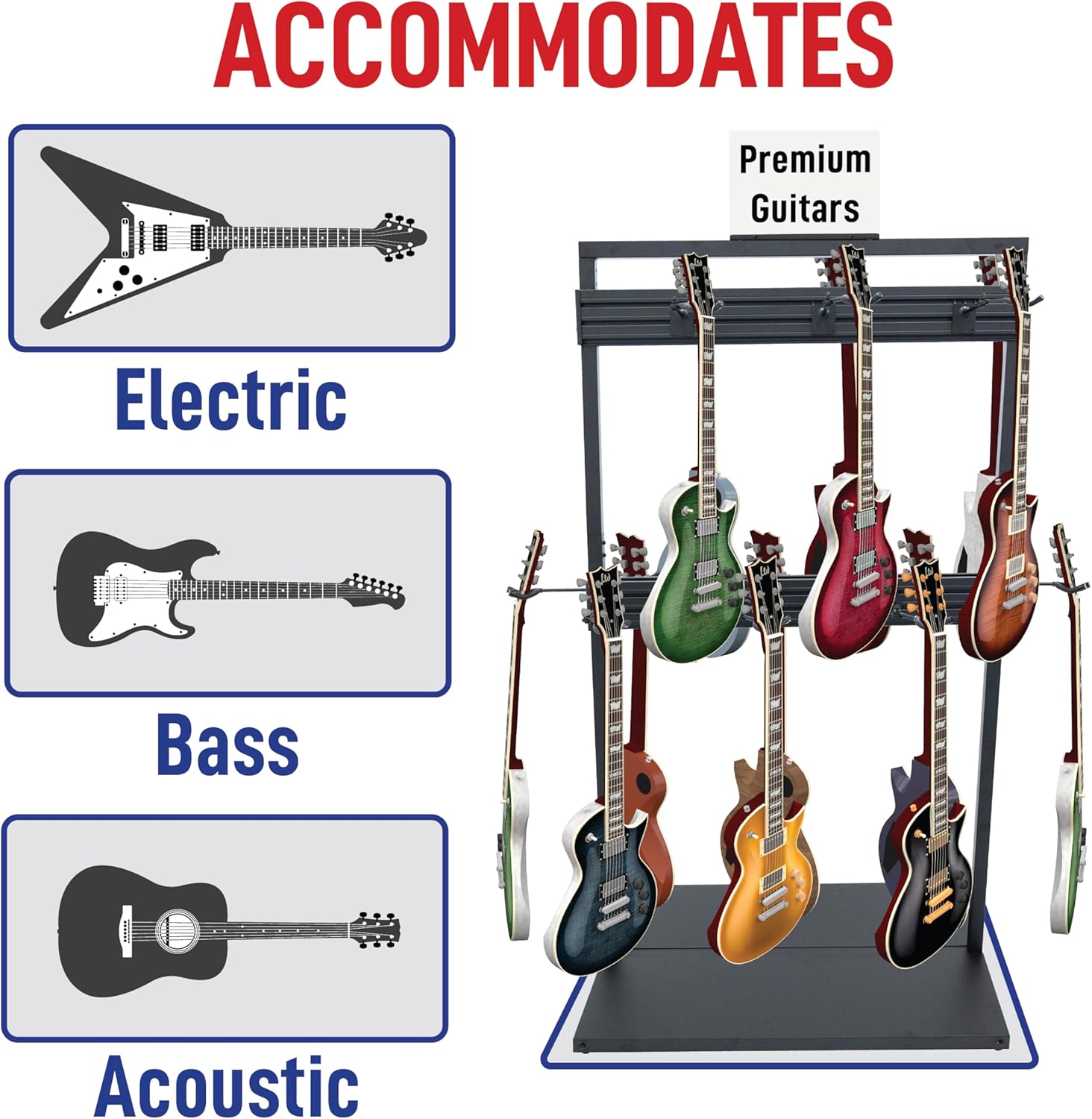 77'' Tall Guitar Rack for Multiple Guitars - Heavy Duty & Free-Standing - Hanging Rack for Instruments - Metal, Modular and Double-Tier - Hanger for Electric, Acoustic, Bass & Ukulele (Black)
