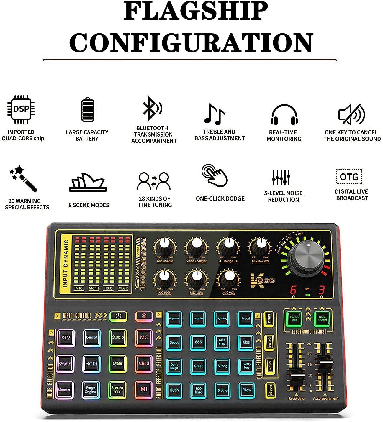 K300 Podcast Equipment Bundle, With Podcast Condenser Microphone, Voice Changer Sound Card with Multiple Sound Effects and LED Light, Prefect for Streaming/Podcasting/Gaming/Recording/YouTube/PC