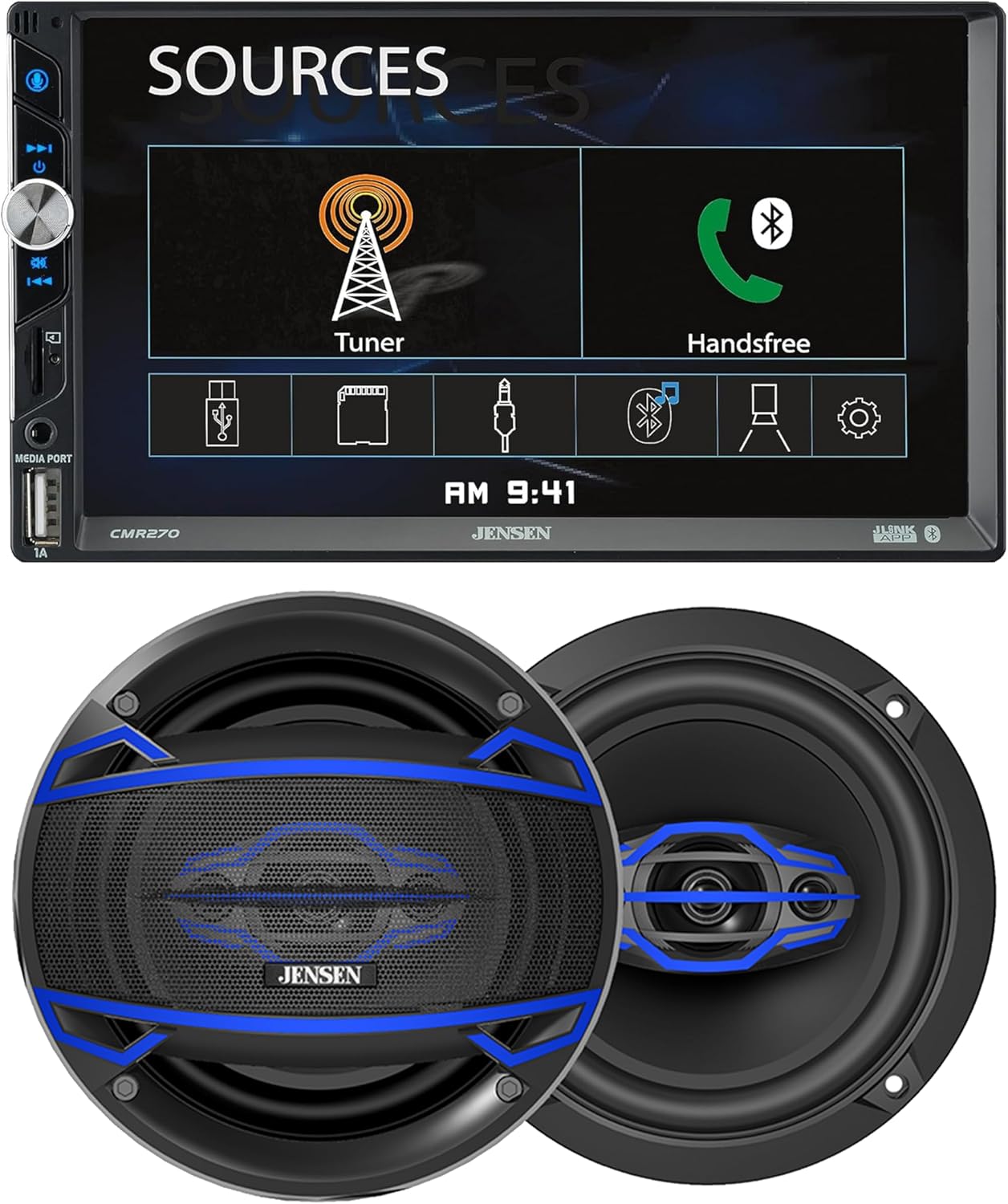 JENSEN CMR270 7-inch LED Digital Media Touch Screen Double DIN Car Stereo Radio & JS6504 6.5 inch Car Speakers