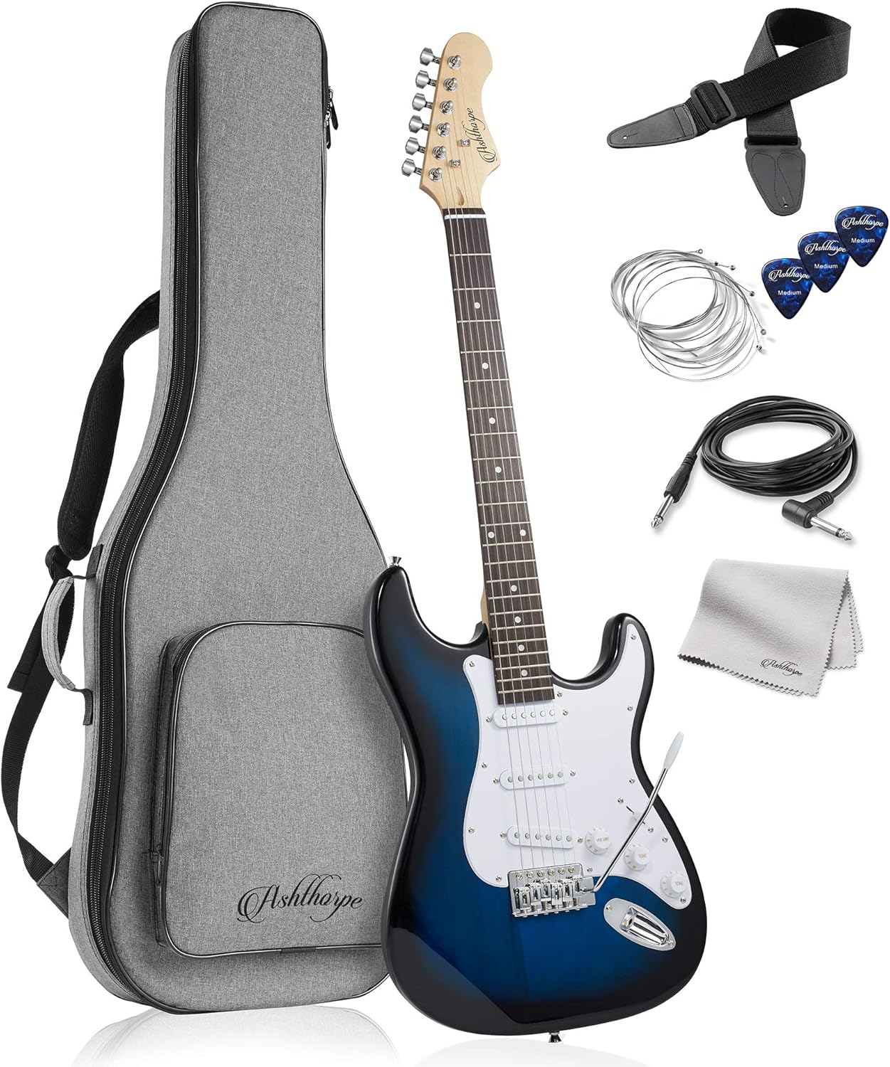 Ashthorpe 39-Inch Electric Guitar (Blue-White), Full-Size Guitar Kit with Padded Gig Bag, Tremolo Bar, Strap, Strings, Cable, Cloth, Picks