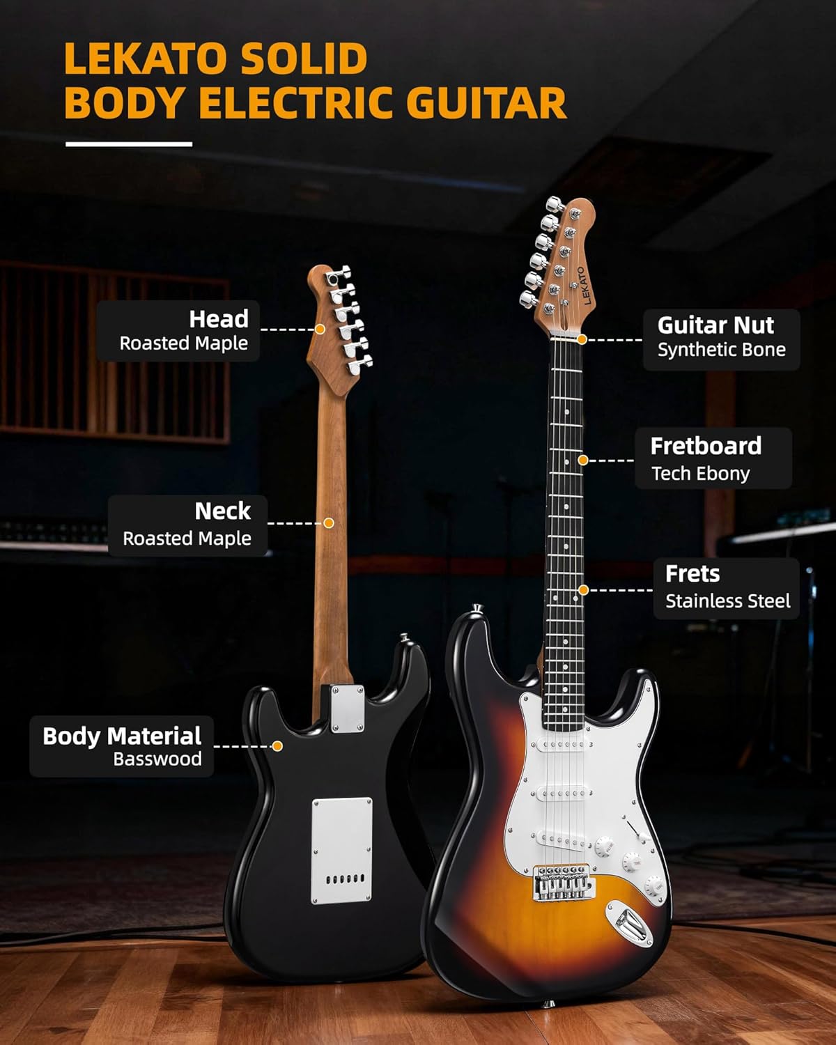 LEKATO Beginner Electric Guitar Kit Solid Body 39 Inch Full Size Guitar SSS for Starter with 5w Plug-in Amp, Bag, Tuner, Capo, Shoulder Strap, Picks, String, String Winder&Cutter - Sunburst