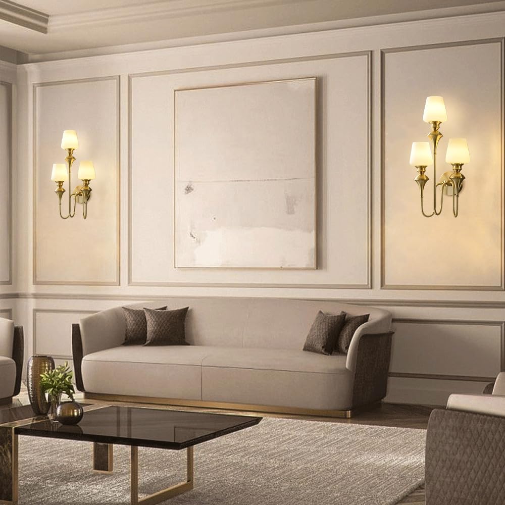 Brass Wall Lights Fixture Indoor, Vintage 3-Lights Wall Sconce Fixtures with Milky White Glass Lampshade, Mid Century Modern Gold Wall Mount Lamps Decor for Farmhouse Living Room Bedroom