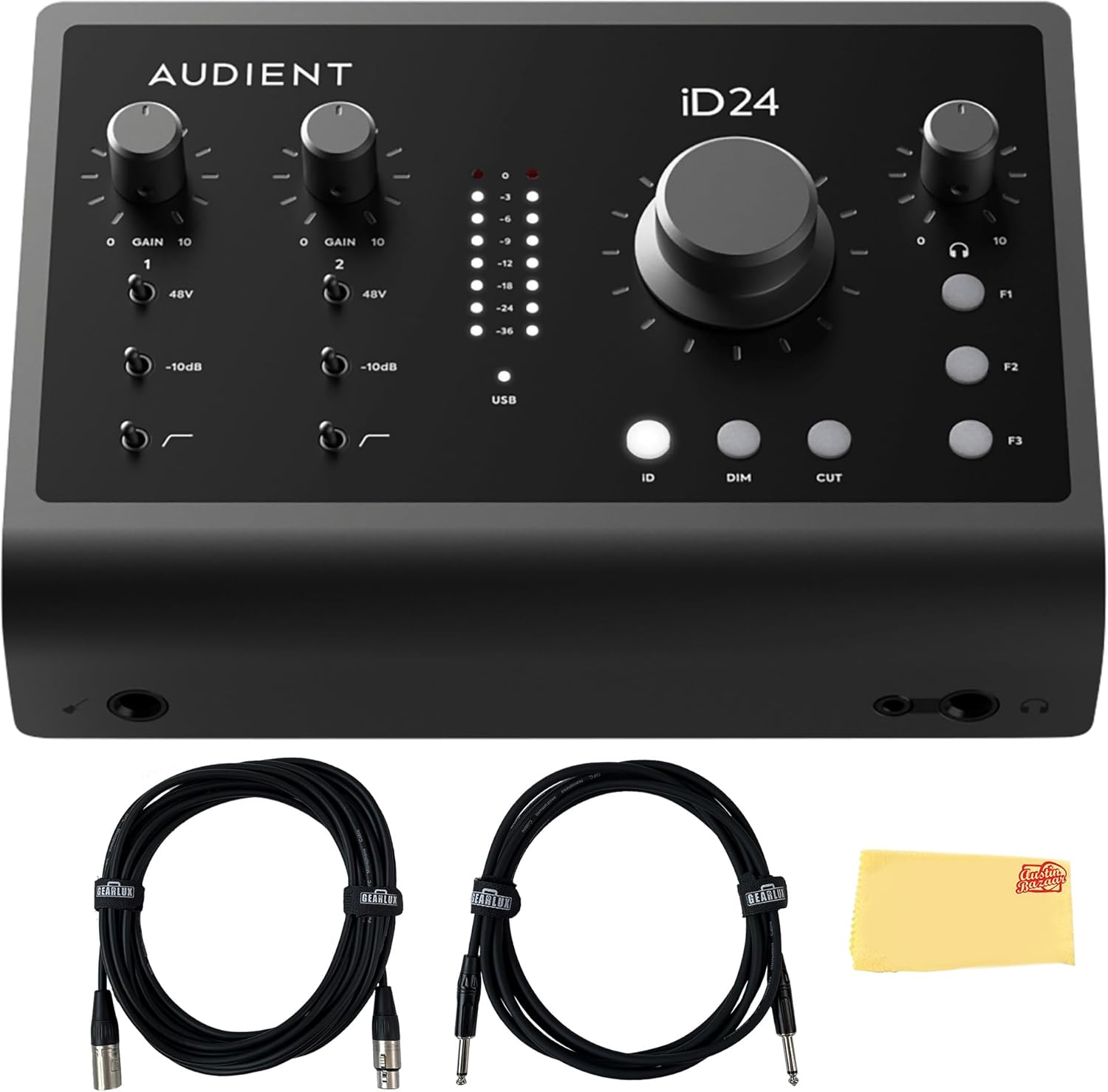 Audient iD24 USB-C Audio Interface Bundle with Instrument Cable, XLR Cable, and Austin Bazaar Polishing Cloth
